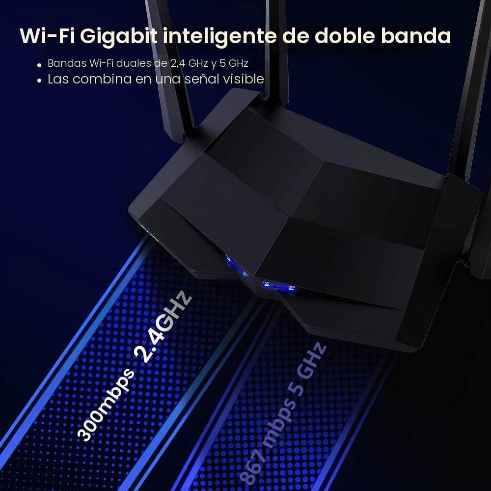 Tenda AC10 - AC1200 Router WiFi inalámbrico Gigabit, Doble Banda 5GHz 867 Mbps 2, 4 GB 300 Mbps, Gaming, Beamforming +, 4 Antenas 5 dBi, 4 Puertos LAN Gigabit, Dedicado para fibra de 200 MB y superior