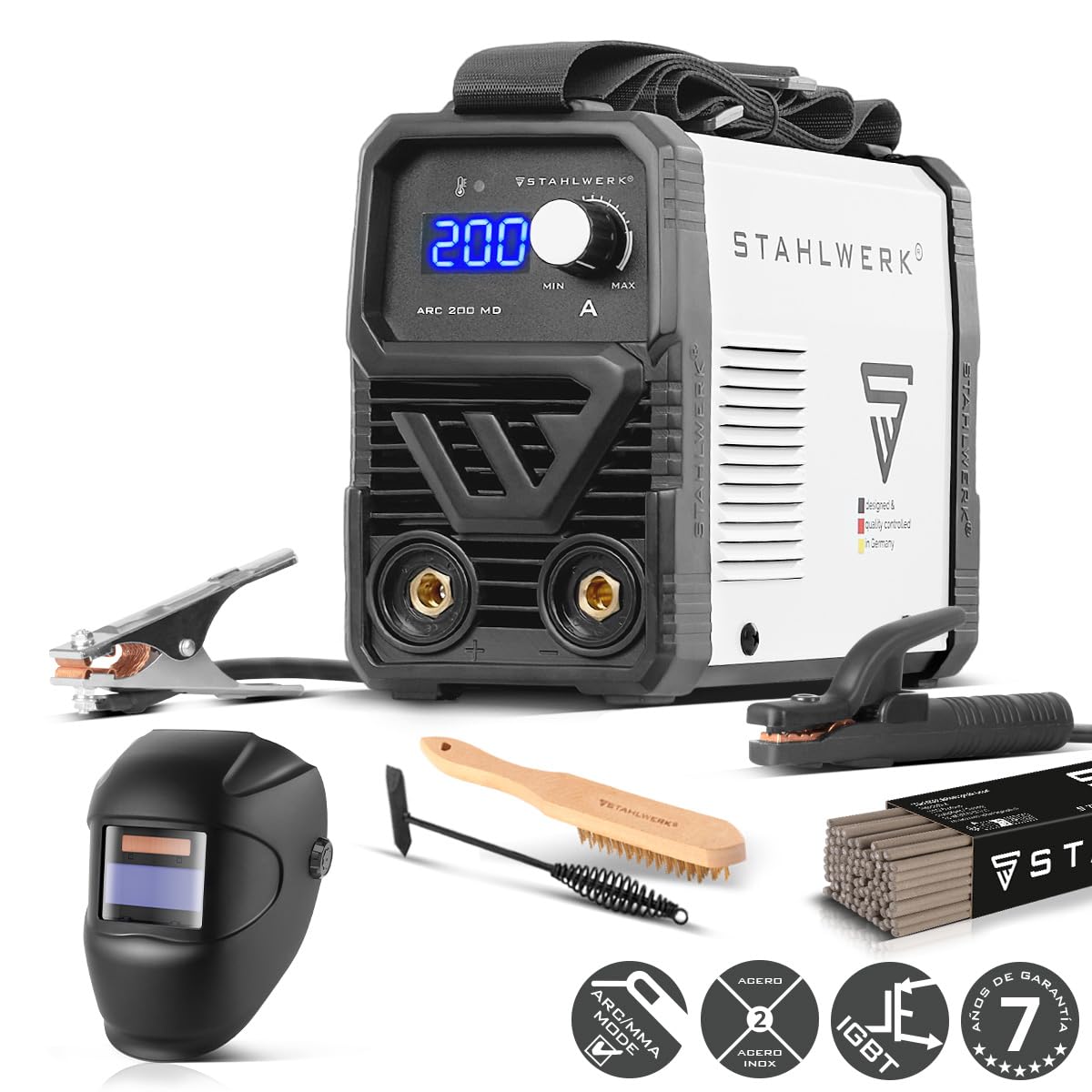 STAHLWERK Soldadora de electrodos 160 MD – Equipo completo con carro – Máquina de soldar MMA/Electrodo, 160 A, uso flexible sin gas, compacta y ligera, ampliable a DC TIG, refrigeración inteligente