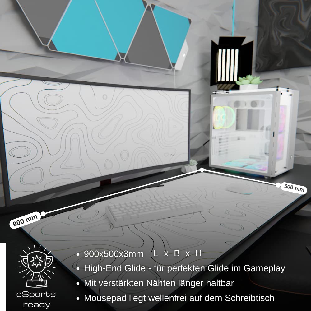 Nyfter Tapis de Souris de Jeu XXL Blanc Noir au Design topographique - 900 x 500 mm
