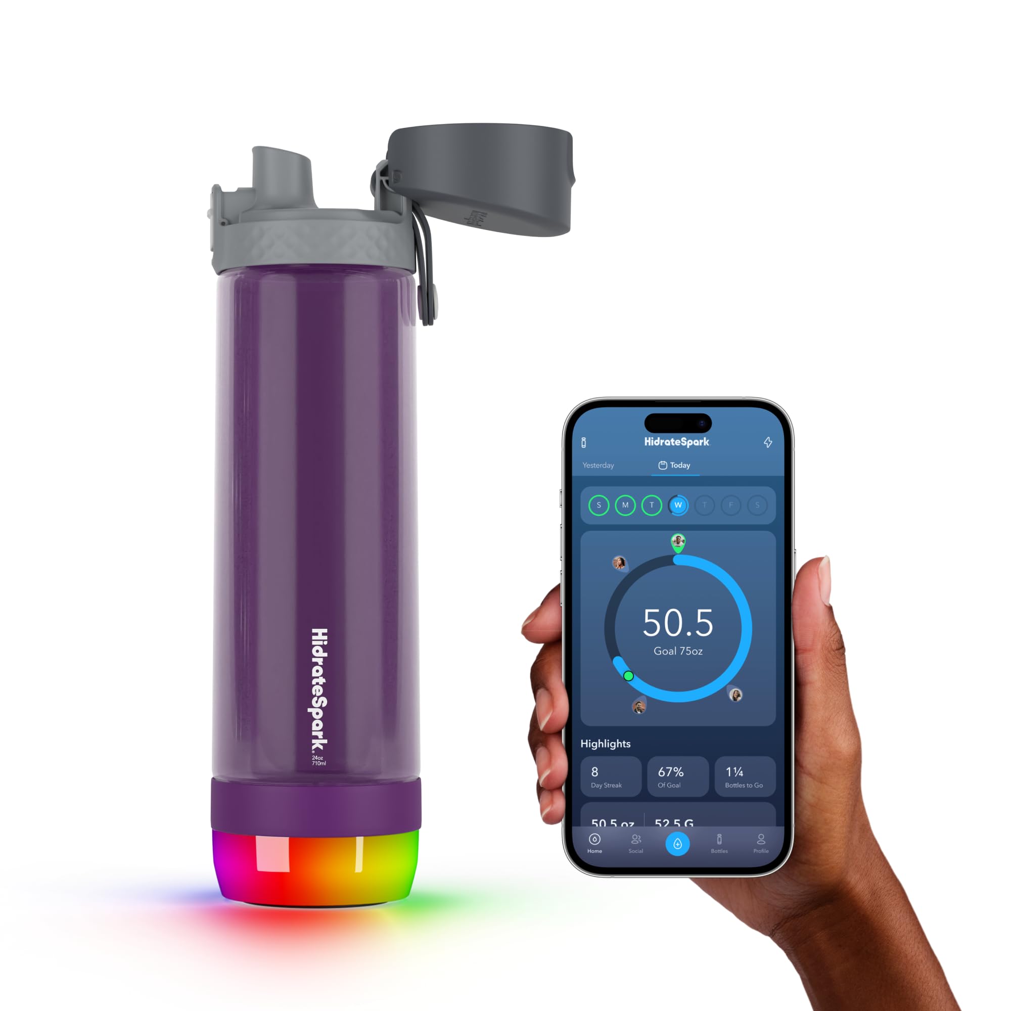 Hidrate Spark PRO Lite Smart Water Bottle – Tritan Plastic – Tracks Water Intake with Bluetooth, LED Glow Reminder When You Need to Drink – Chug Lid, 24 oz, Wildberry