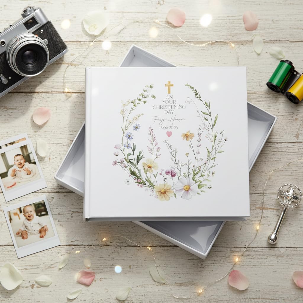 Personalised Christening Baptism Communion Photo Album, Floral Design, Holds 50 Photos, with Writing Space, Gift Box Included — view 5