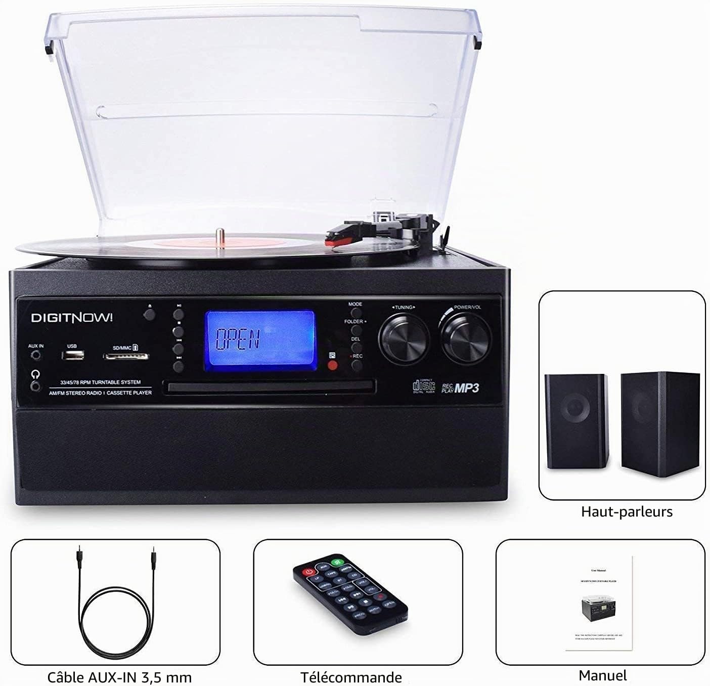 DIGITNOW! Tourne-Disque Bluetooth Viny pour CD, Cassette, Radio AM/FM et entrée auxiliaire, Port USB et encodage SD, télécommande, avec Haut-parleurs stéréo autonomes