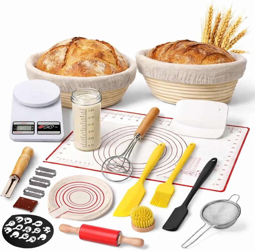 Sourdough Starter Kit with Scale - Sourdough Bread Baking Supplies with Banneton Bread Proofing Basket Set, Bowl Scraper, Silicone Spatula, Baking Mat | Sour Dough Kit & Bread Making Tools by Richni