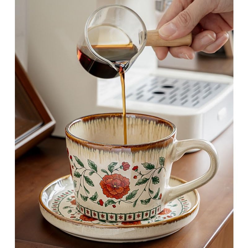 Porcelanowy kubek do kawy ze spodkiem, Średniowieczne ceramiczne filiżanki Latte Art ze spodkami do kawy zestaw domowej restauracji(Style1)