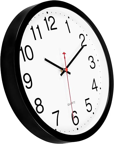 Miniatura 4 de Foxtop Paquete de 2 relojes de pared negros, 12 pulgadas, silencioso, sin tictac, de cuarzo, funciona con pilas, reloj de pared analógico redondo