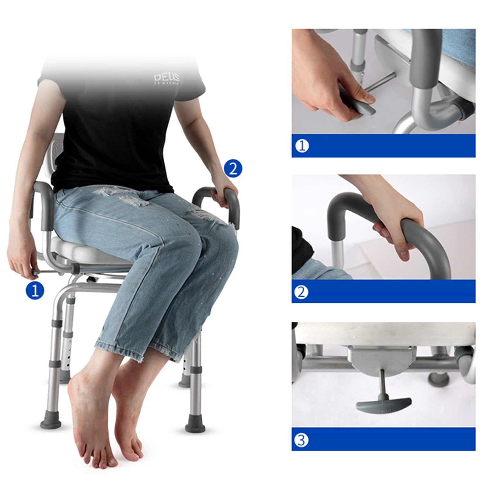 Seat Heavy Duty Swiweling Shower Chair, dla osób starszych i niepełnosprowatych z regulowaną wysokością, ramionami i tyłem - antypoślizgowy stołek łazienkowy Podpory do 180Kg