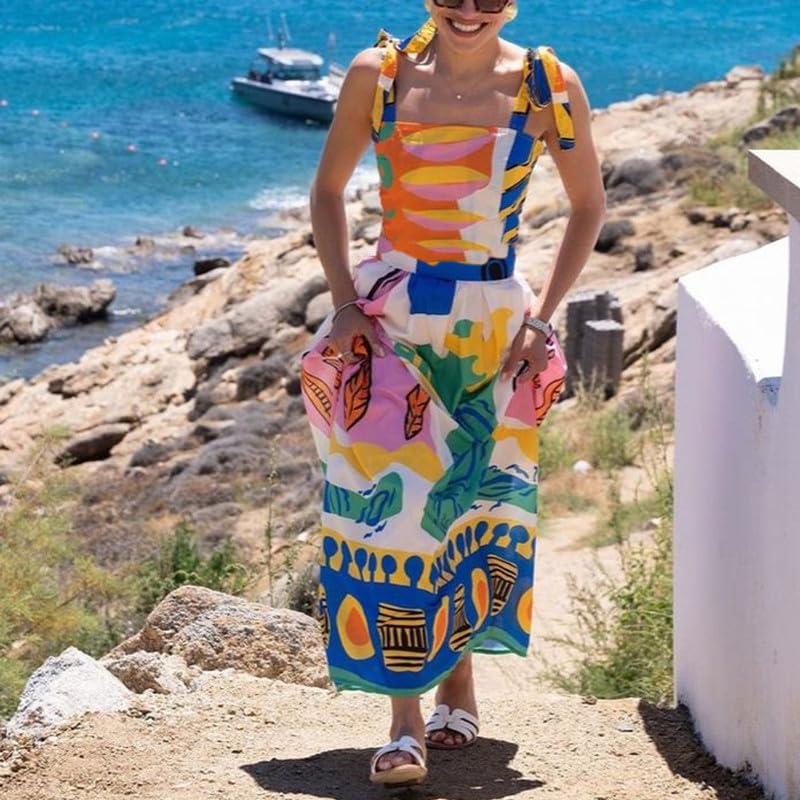 NUFIWI Women Boho Graffiti Cami Long Dress Graphic Spaghetti Strap Flowy Maxi Dress Square Neck Colorful A Line Sundress2