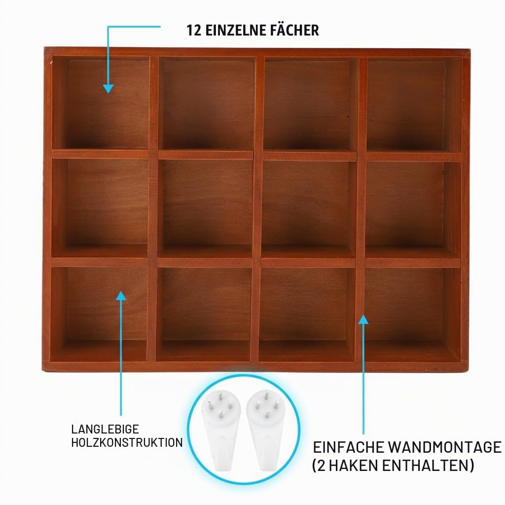 HEEPDD Holz-Wandregal, Vintage-Design mit 12 Fächern und glänzenden Kanten, stabiles Tassenregal für Sammlerfiguren, Tassen und Deko – ideal für Wohnzimmer, Küche, Büro und Geschenke