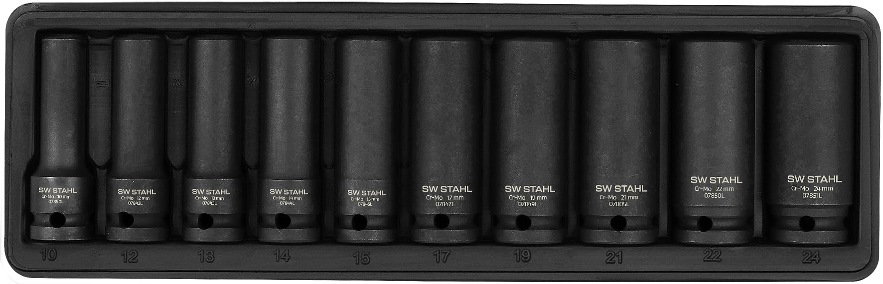 SW-Stahl 07960L Set Bussole per Avvitatori ad Impulsi, 1/2 Pollici, 10-24 | Inserti a bussola in versione lunga, kit da 10 pezzi per officina, compatibile con avvitatori a massa battente
