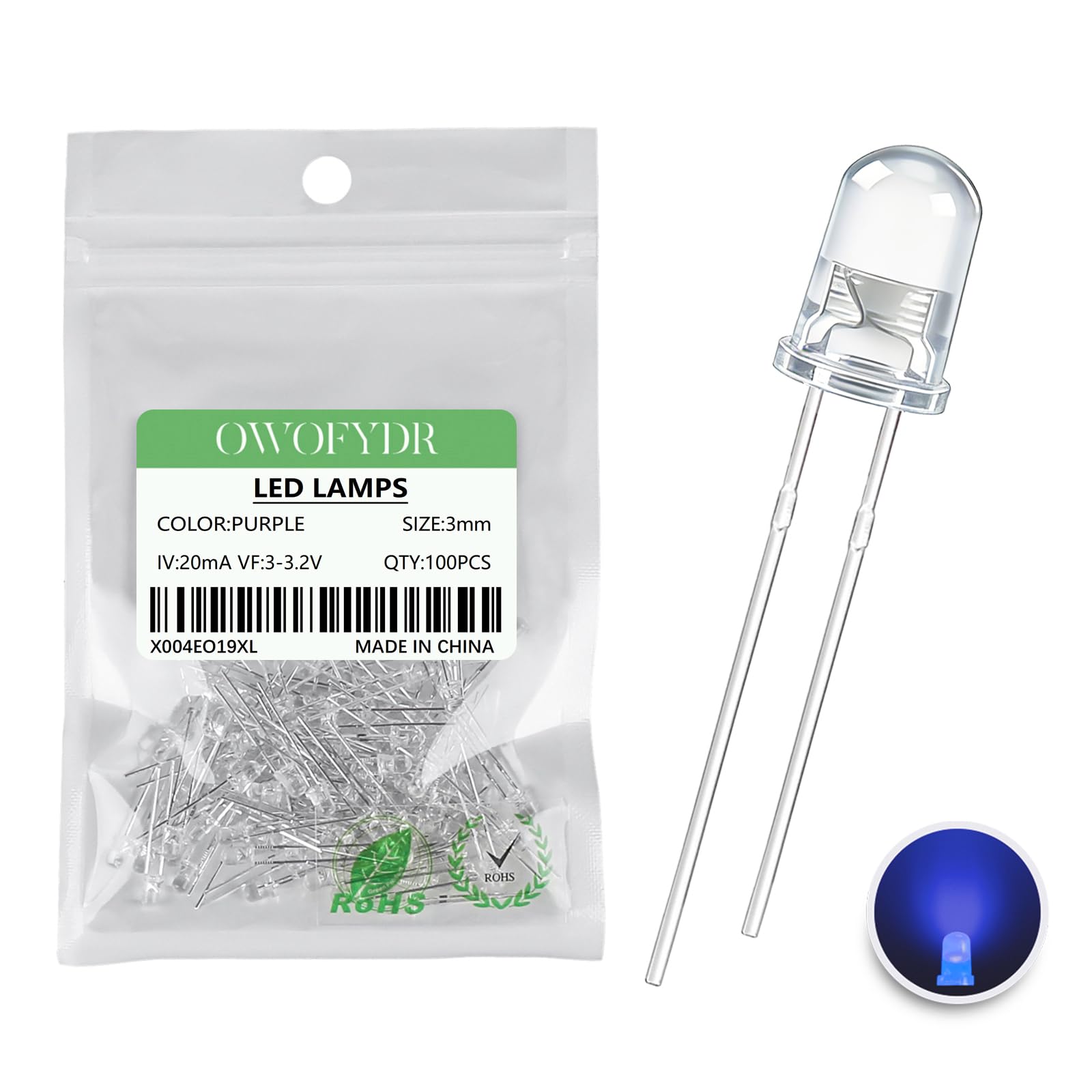 OWOFYDR 100 3mm Purple LED diode lamp (Transparent Lens Round DC 3V 20mA) Lighting Bulb lamp Electronic Component Indicator Light Emitting diode