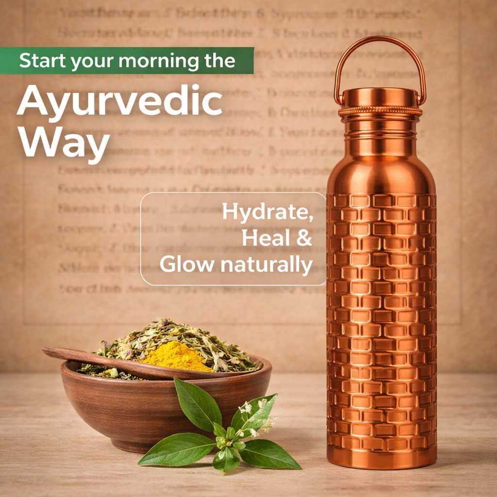 Premium Pure Copper Water Bottle – 32oz Brick Finish – Leak-Proof Ayurvedic Copper Vessel for Daily Hydration – Handcrafted & Eco-Friendly