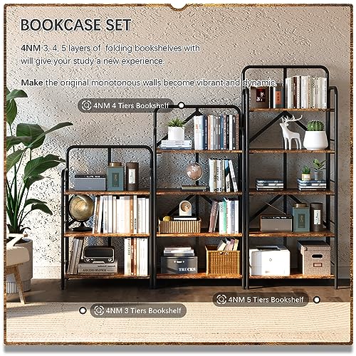 Image of 4NM No Assembly Folding Bookshelf, 4 Tiers Collapsible Book Shelves Open Industrial Foldable Storage Bookcase Shelf for Bedroom, Living Room, Home Office - Rustic Brown and Black