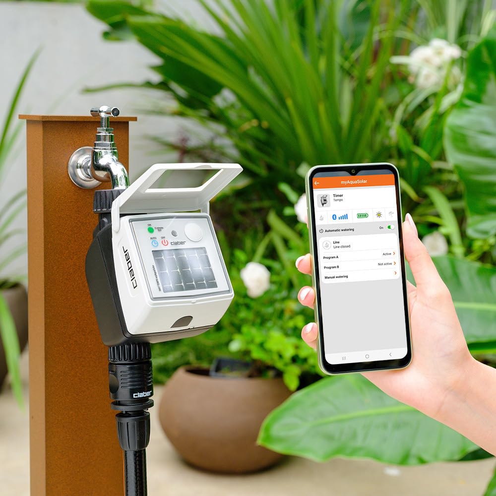 Claber Tempo myAquaSolar Programmateur d’Irrigation 1 Voie, Panneau Solaire, Bluetooth App myClaber, 2 programmes, 3/4", Compatible capteur Pluie