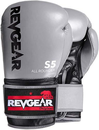 Revgear Guantes de boxeo S5 All Rounder de cuero, guantes de Muay Thai, guantes de kickboxing, guantes de sparring, guantes de saco de boxeo para