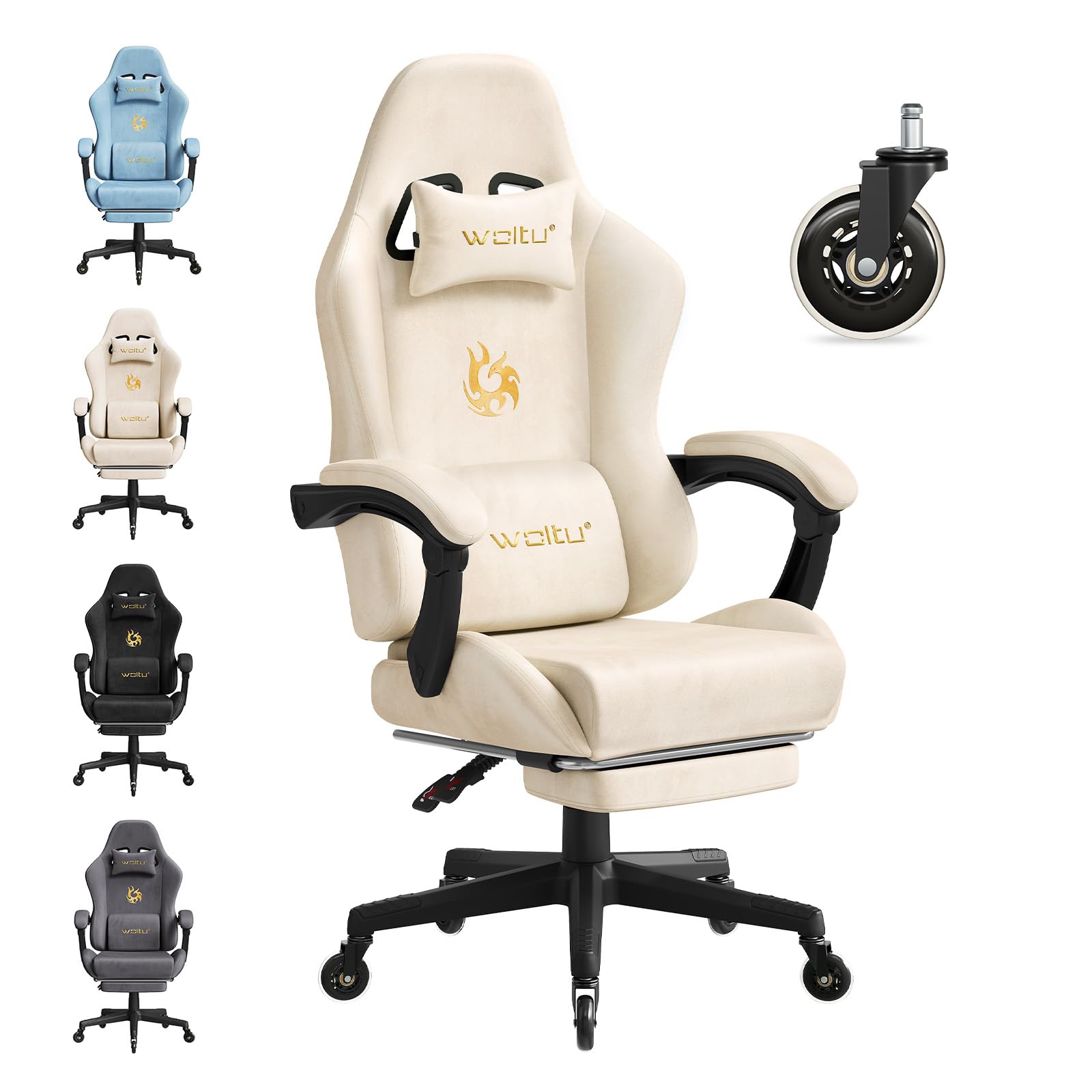 WOLTU Sedia da gaming, Sedia Gaming Ergonomica con Ruote Silenziose, Altezza e Inclinazione Regolabile, con Braccioli Sincronizzati e Poggiapiedi, in Tessuto Scamosciato, Crema