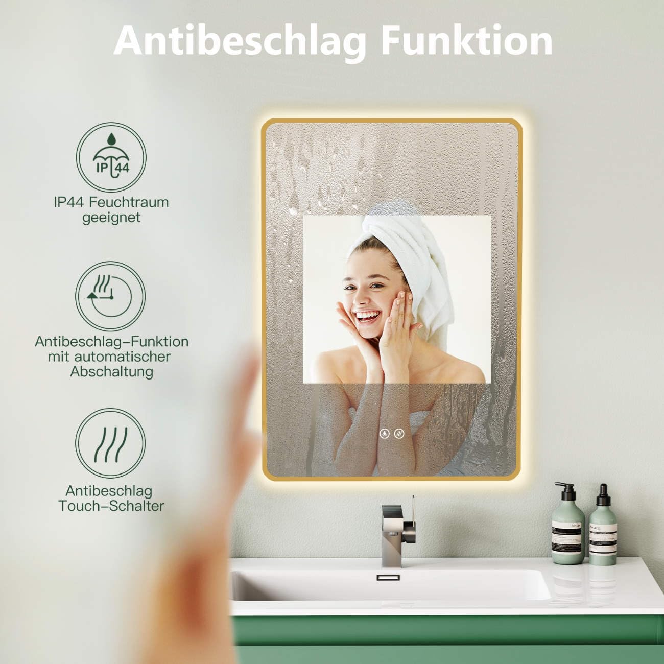 HOKO Antibeschlag LED Badspiegel 50x70 cm / 70x50 cm Louisiana mit Goldener Metallrahmen, HOCH+QUER Montage Schminkspiegel. Touch Schalter+Licht Wechsel 2700-6500K, Warmweiß-Kaltweiß-Neutral