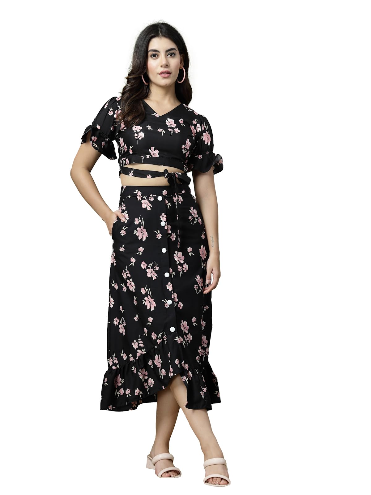Oomph! Crepe Crop Top And Skirt Set For Women, Black - Coord_Mt895Msk203