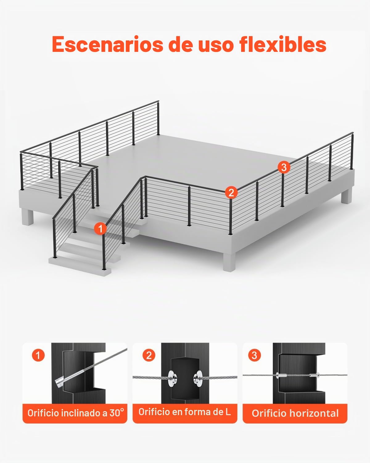 VEVOR Poste de Barandilla de Cable, 4 PCS Postes de Barandilla 91,4 x 5 x 5 cm Poste de Riel de Cable de Acero Inoxidable SUS304 con Soporte Horizontal y Curvo, Negro, 4JZLGZXHS914MY65M001V0