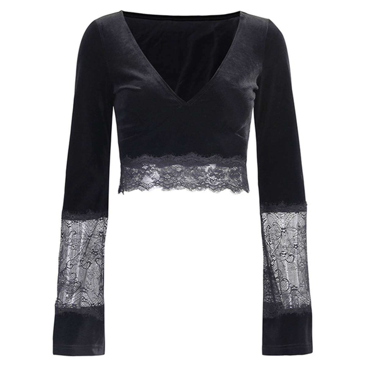 Women Sexy Crop Top Flare Long Sleeve Lace Hollow Out T-Shirt Gothic Retro Bodycon Female V-Neck Blouse