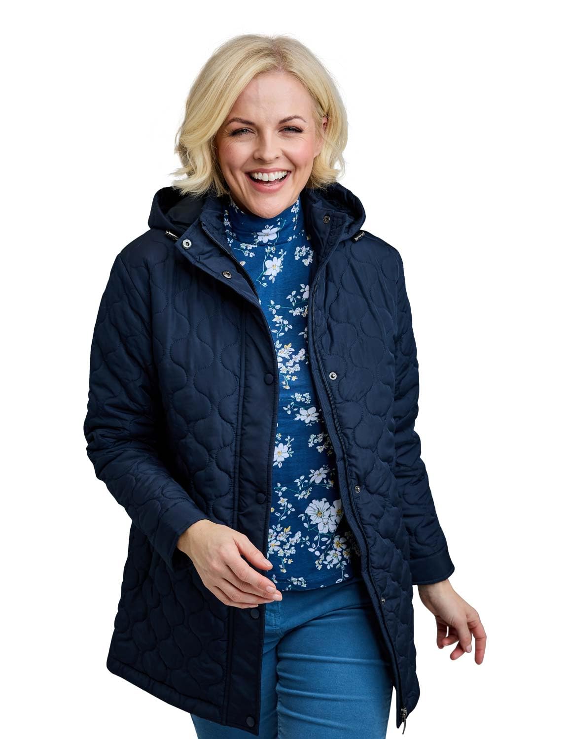 Amber Ladies Quilted Water-Resistant Jacket with Detachable Hood Adjustable Cuffs & Secure Pockets Navy 20