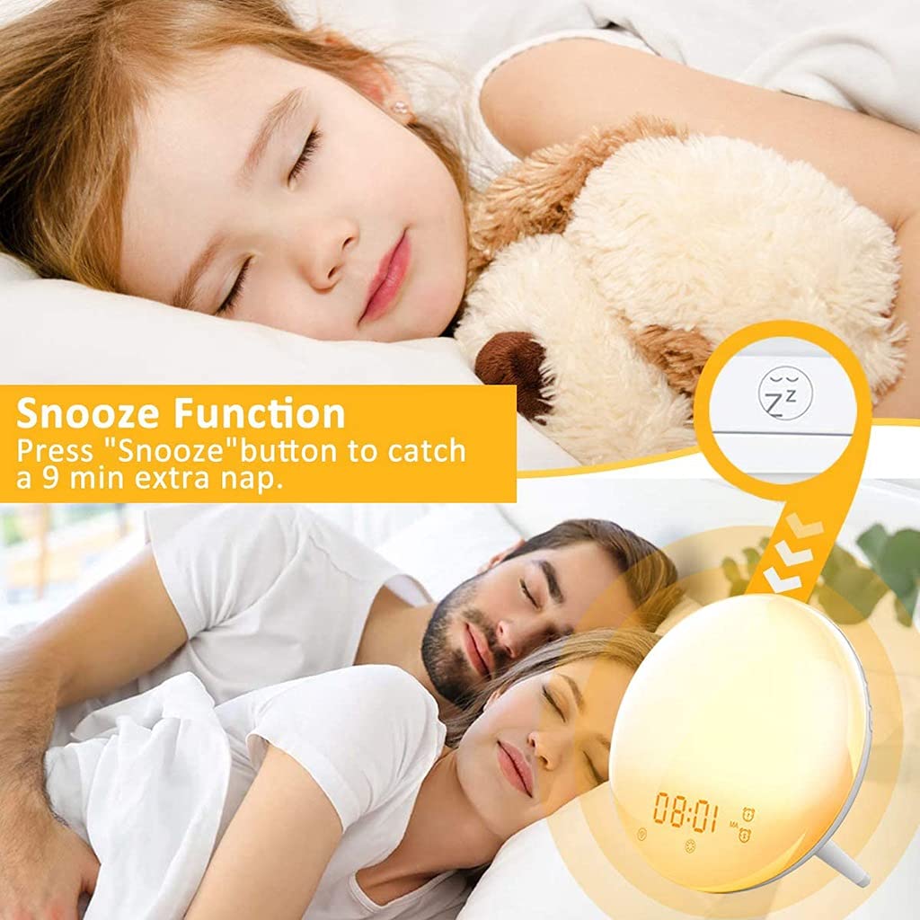 Sveglia All'alba, Luce Sveglia Digitale, Doppio Allarme, Posticipa, FM Radio, 7 Suoni Naturali, 7 Colori, Luce Notturna USB, 2 Pz