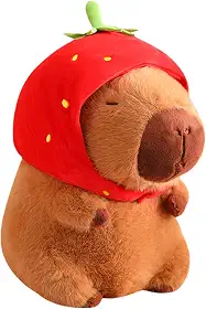 Capivara de Pelúcia - Macia Usando Chapéu de Morango, Almofada Super Fofa, Boneca de Morango, Presente para Crianças