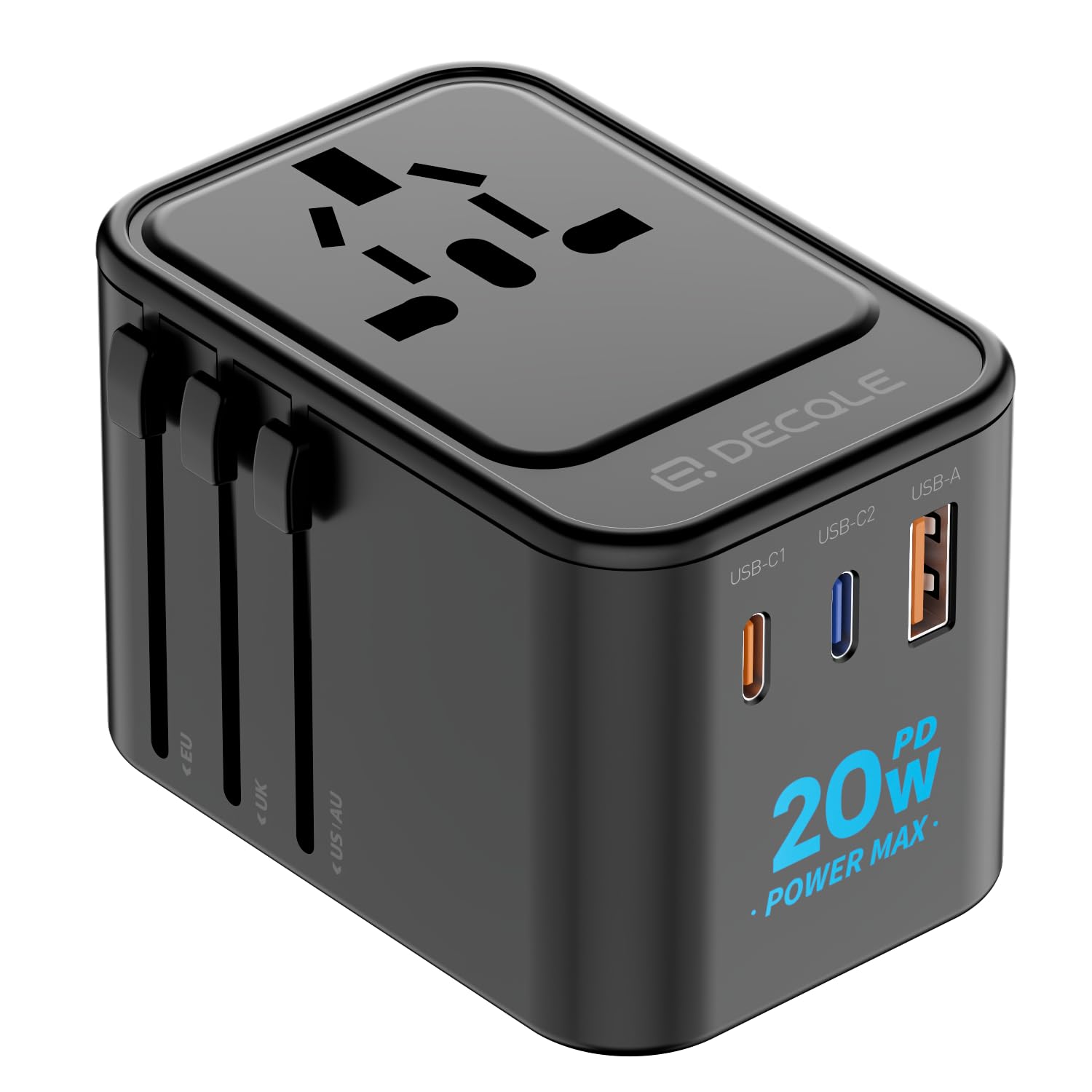 Universal Travel Adapter, International Travel Plug Adapter with 2 USB-C ＆ 1 USB-A Ports, AC Adapter, All in One Portable Adaptor, for USA, UK, EU, AU ＆ 224+ Countries (Black) UK PD20W Black