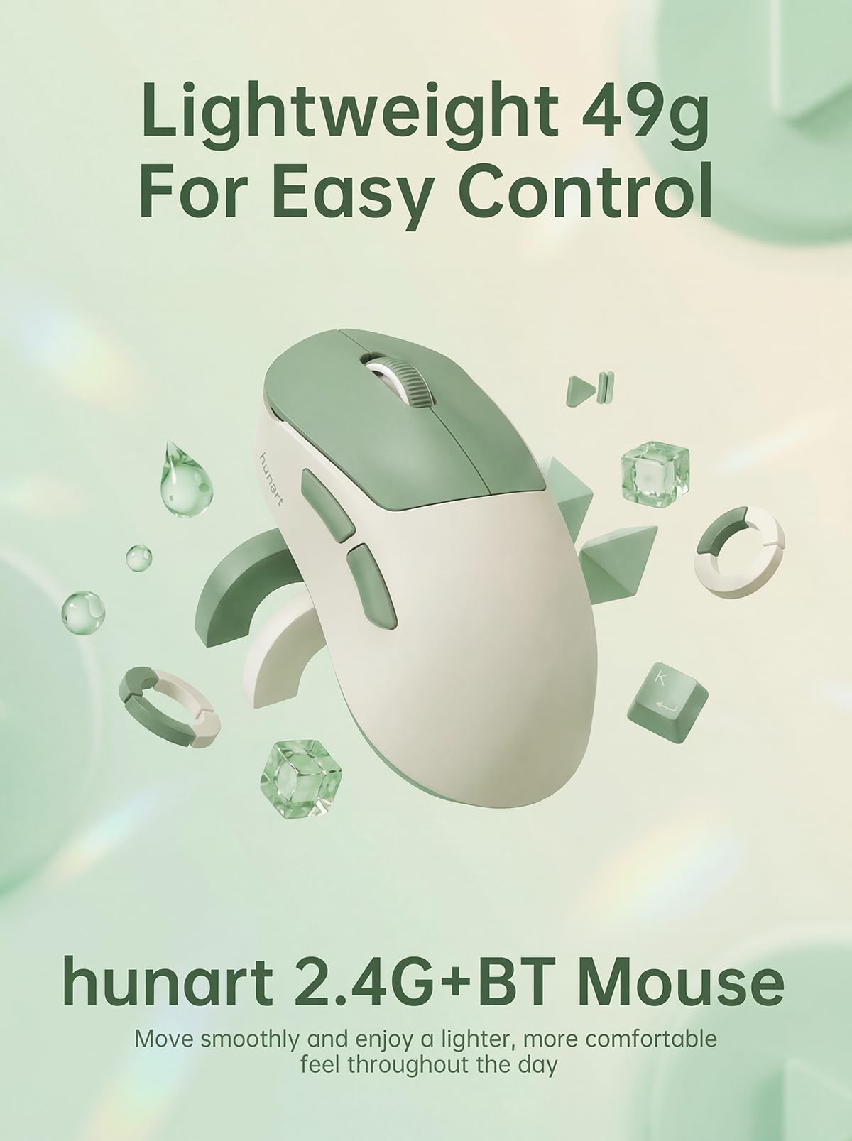 hunart H6 49g Wireless Mouse, Bluetooth & 2.4GHz Rechargeable Mouse, Lightweight Silent Ergonomic Mouse with USB-C Charging, Portable Right-Hand Office Mouse for Laptop, PC, MacBook, Tablet - Green - 3