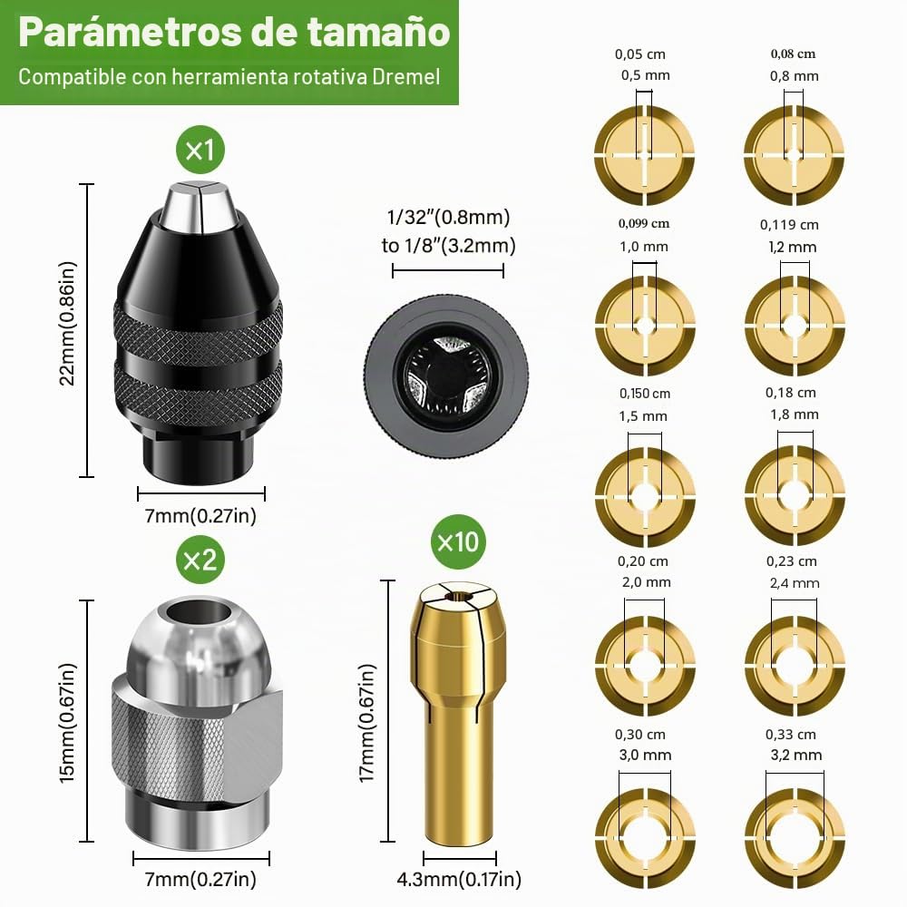 15 Piezas Portabrocas Compatible con Dremel, Accesorios para Herramienta Rotativa, 0,8 a 3,2 mm Sustituye 4486 Portabrocas sin llave, Sustituye 4485 Portabrocas de Latón y Tuercas de Metal