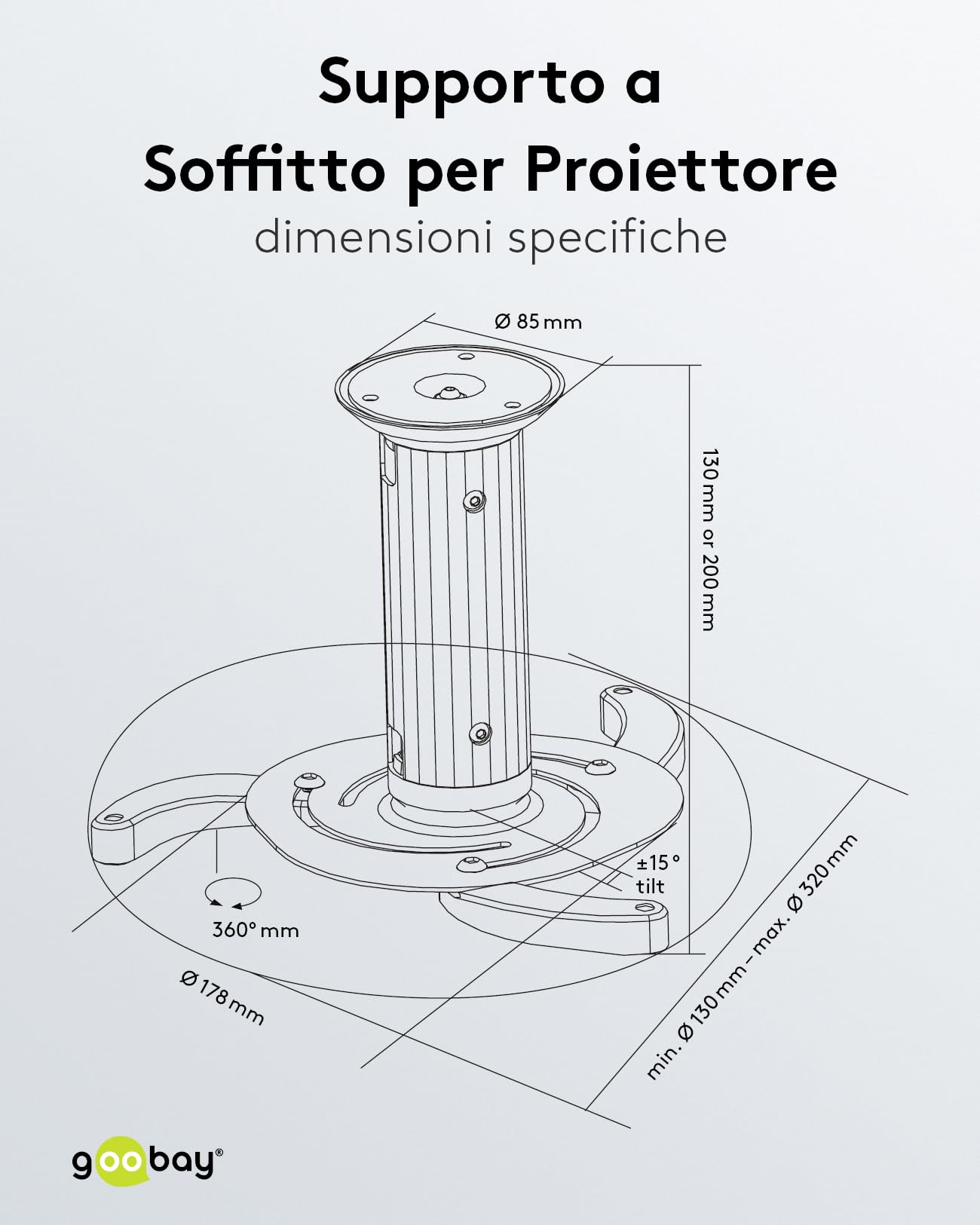 goobay Supporto Videoproiettore Soffitto Universale Fino a 10 kg Interasse 130-320 mm Inclinabile 360 Gradi Girevole Argento - 51905