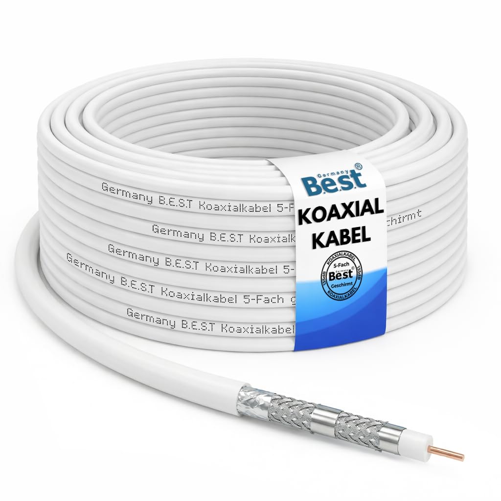 Germany B.e.s.t Cavo coassiale da 50 m | 4K Ultra HD | Classe A+ | Impianti DVB-S/S2 DVB-C DVB-T BK | 5 schermati | 135 dB | Cavo antenna | Cavo coassiale | 10 connettori F
