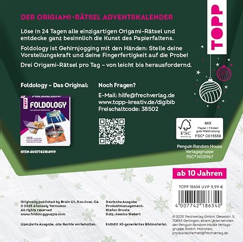 Foldology – Der Origami-Rätsel-Adventskalender. Mehrere einzigartige Falträtsel für jeden Tag im Advent. Der Adventskalender für helle Köpfe und geschickte Hände. Ideal für Jung und Alt