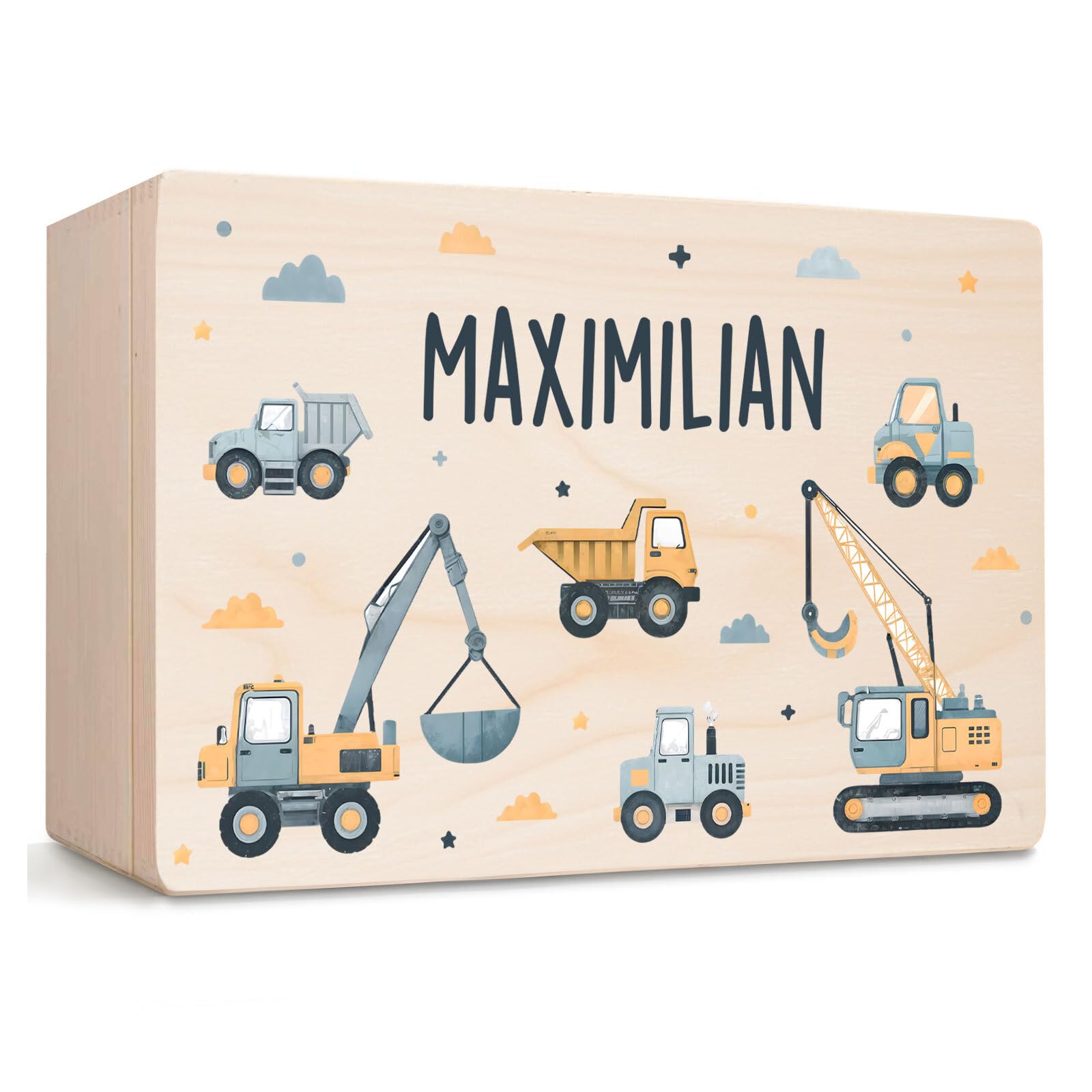 Little Deco Personalisierte Erinnerungsbox Baby Erinnerungskiste mit Bagger | L - 40 x 30 x 22 cm | Geschenk zur Geburt, Taufe & Geburtstag für Jungen Holzkiste mit Namen XHL1024-02