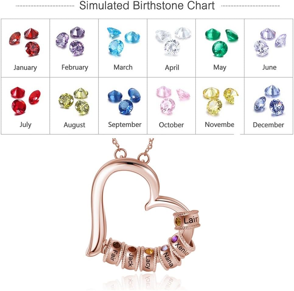 Personalized Birthstone Necklace for Women Mom Gifts Custom 1-7 Names Heart Mama Nana Necklace Family Birthday Mothers Day Christmas Gifts for Mom Grandma Wife (Silver Gold Rose-Gold)