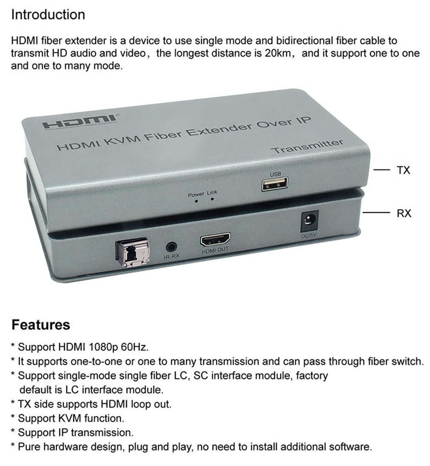 Extension de fibre optique HDMI KVM sur IP, extension de commutateur fibre optique HDMI KVM 20 km sur IP Câble fibre LC SC USB 2.0 KVM partage clavier souris commutateur pour moniteur PS4 (TX+RX)