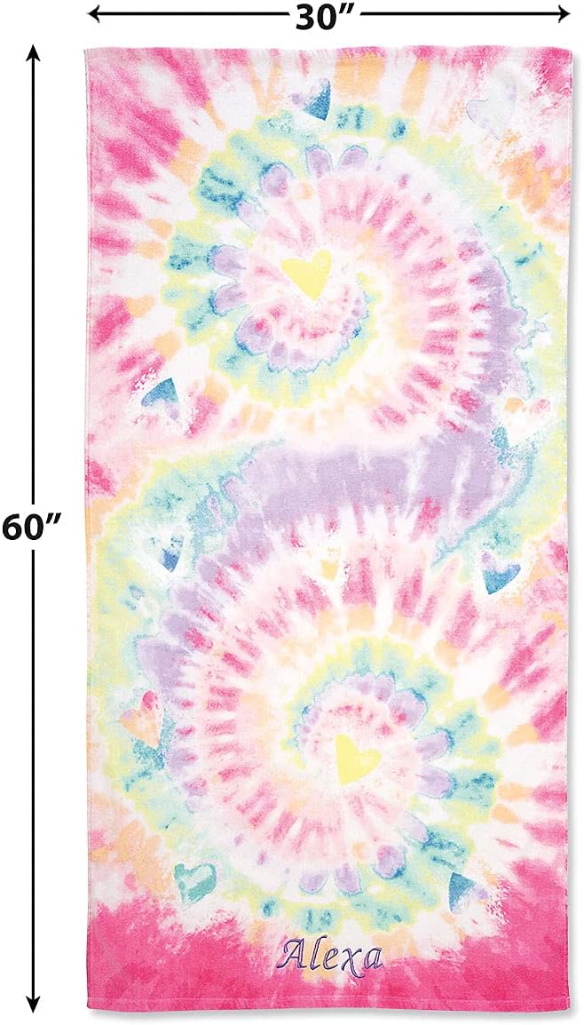 Lillian Vernon Tie Dye Personalized Girls Towel - Custom Embroidered with Name or Monogram, Extra Large 30” x 60” Kids Towels, Quick Dry Design for The Beach, Pool, or Bath, Plush 100% Cotton