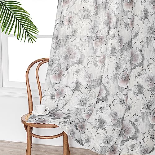 Image of MYSKY HOME Curtains 63 Inch 2 Panels Length Floral Light Filtering Curtains for Living Room Pattern Light Privacy Cotton Burlap Effect Drape Window Treatments Grommet, Pink and Grey
