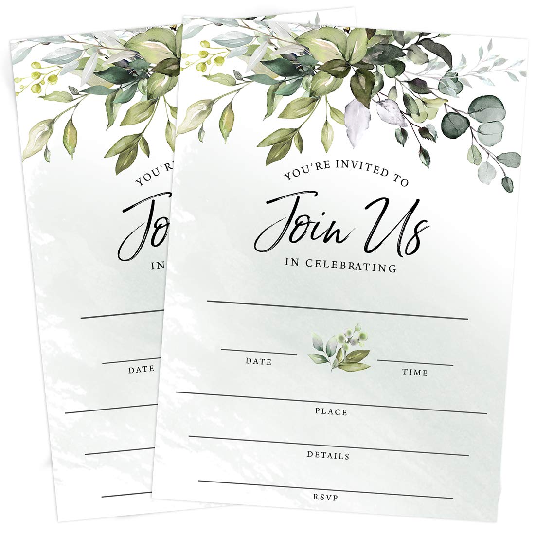 Printed Party Invitaciones y sobres rellenos, vegetación de eucalipto, juego de 25