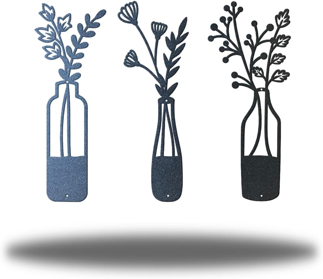 3-Piece Metal Flower Wall Art - Rustic Farmhouse Black Minimalist Vase Wall Decor for Living Room, Bedroom, Bathroom, Dining Room - Modern Floral Wall Hanging Home & Housewarming Gift (Teal, 12"L x 5"W)