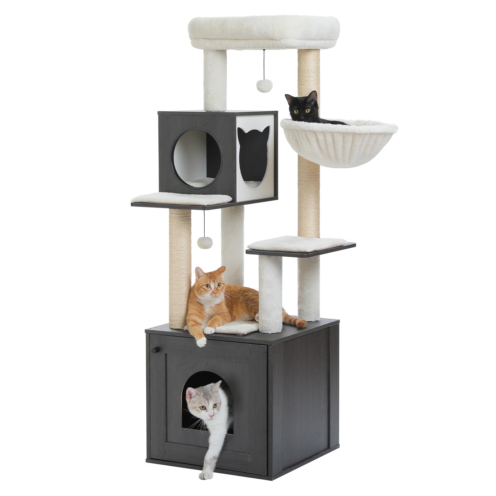 PAWZ Road 146cm Cat Tree with Litter Box Enclosure Large and Sisal Scratching Post, 57.5" Wood Cat Tower for Indoor Cats with Storage Cabinet, Cozy Condo and Repalcable Dangling Balls, Black