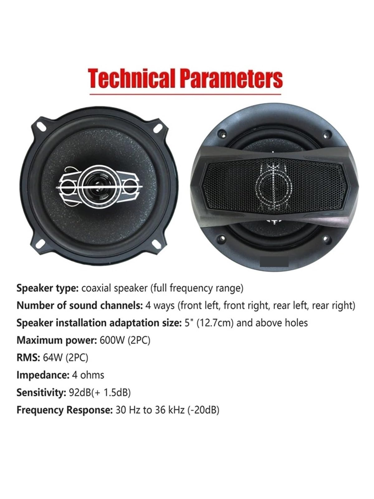 Głośnik Głośnik Wysokotonowy 2x300W 5 cali Łącznie 600W 4-drożny głośnik współosiowy HiFi z osłoną przeciwpyłową i kablem audio Drzwi samochodowe Auto Audio