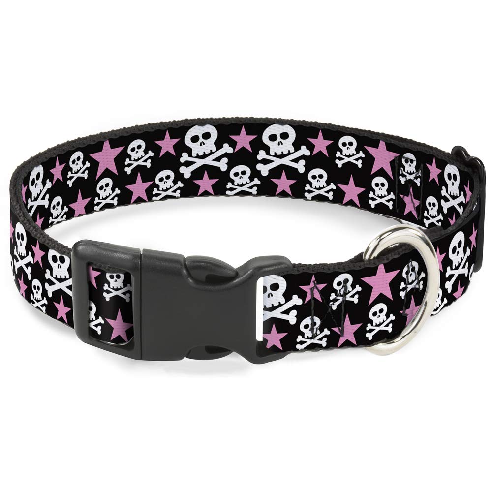 Buckle-Down 16-23" Skulls & Stars Black/White/Pink Plastic Clip Collar, Wide Medium