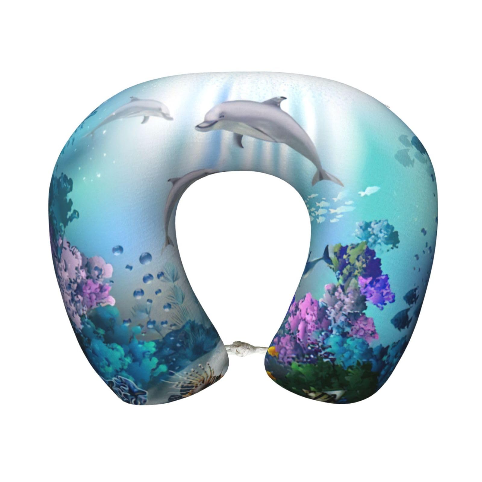 ASFgda U-Shape Memory Foam Blue Ocean Underwater Fish Print Travel Pillow,Neck Support,Washable Cover For Airplane Car Home Office