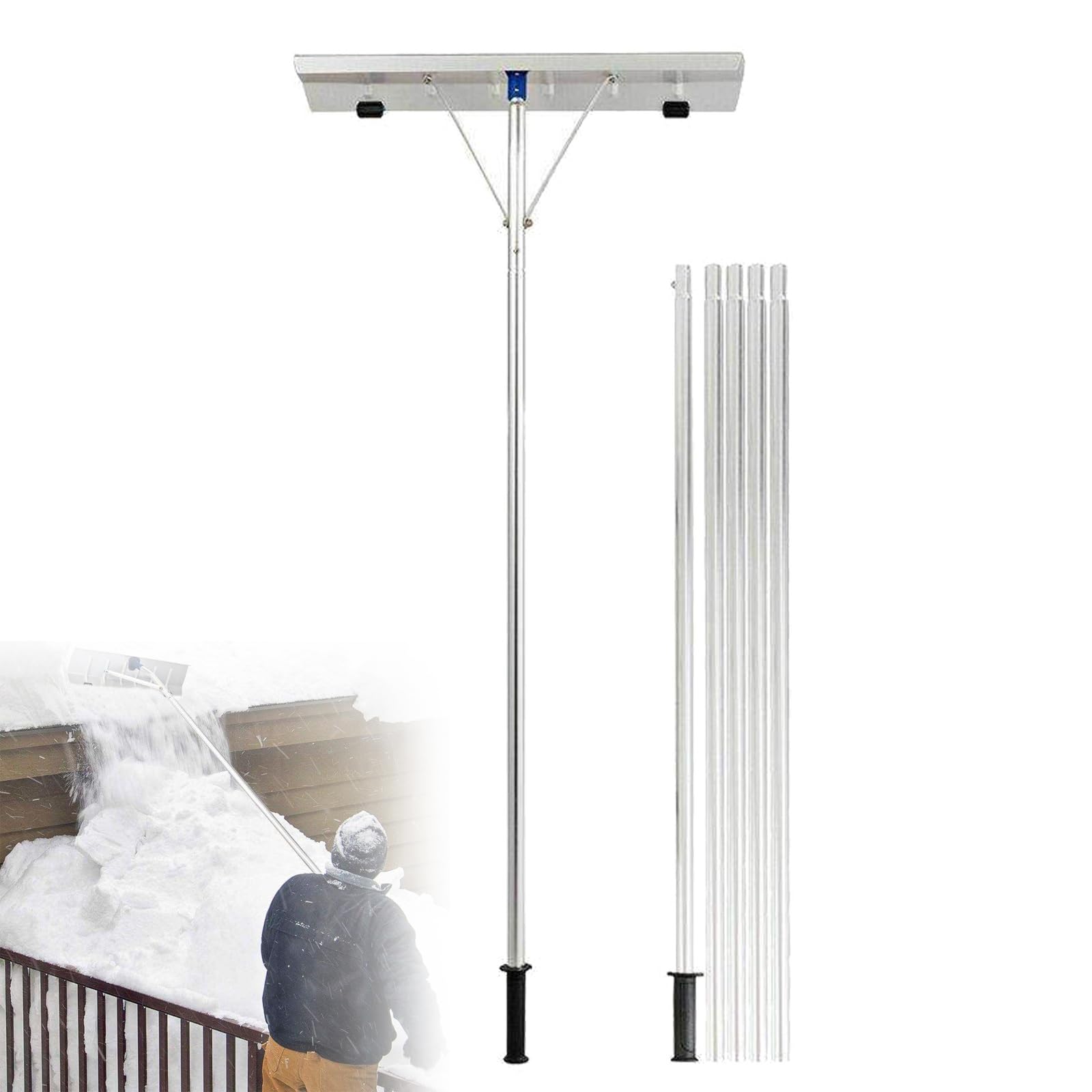 Rastrello da neve da tetto con ruote, palo telescopico regolabile, facile da montare, per la rimozione di detriti da tetto e cortile