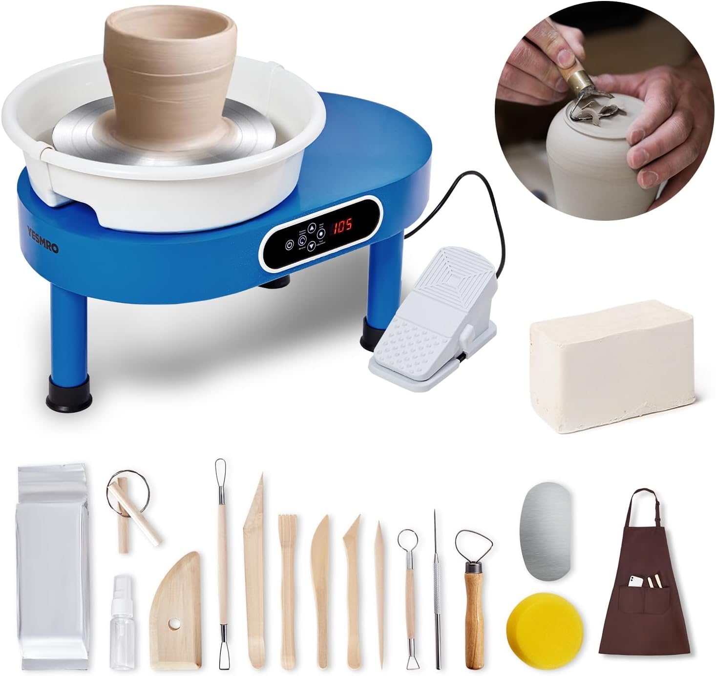 LCD Pottery Wheel Forming Machine with Detachable Basin, Foot Pedal and Touch Screen Control,11" 350W Electric Ceramic Wheel Clay Kit for Art Craft Work and Home DIY,16 Piece (Blue)