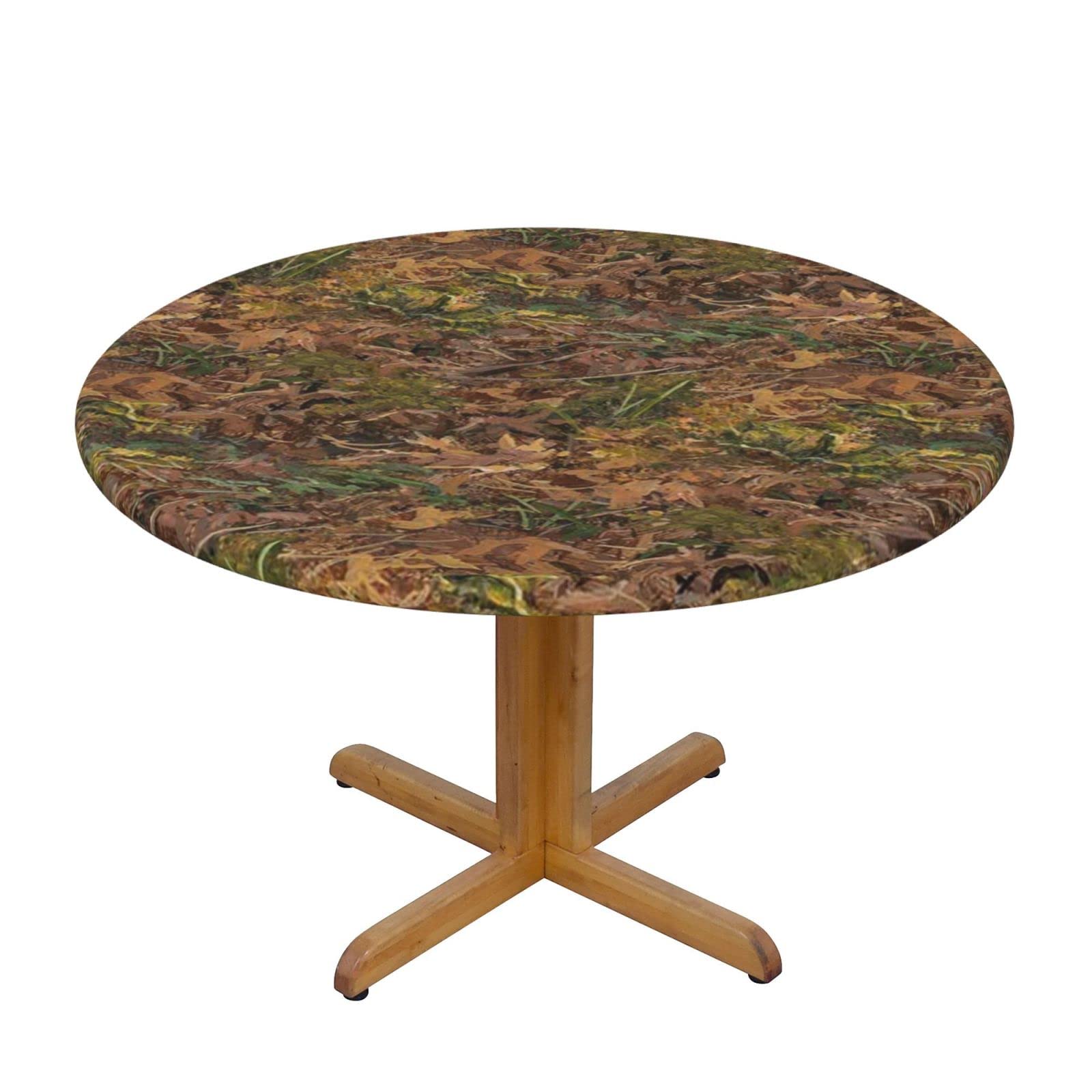 Lsjuee Round Fitted Tablecloth 40-44in Elastic Edged Table Cloth for Kitchen Dining Party Home Decor - Camouflage Leaves Painting Brown Green