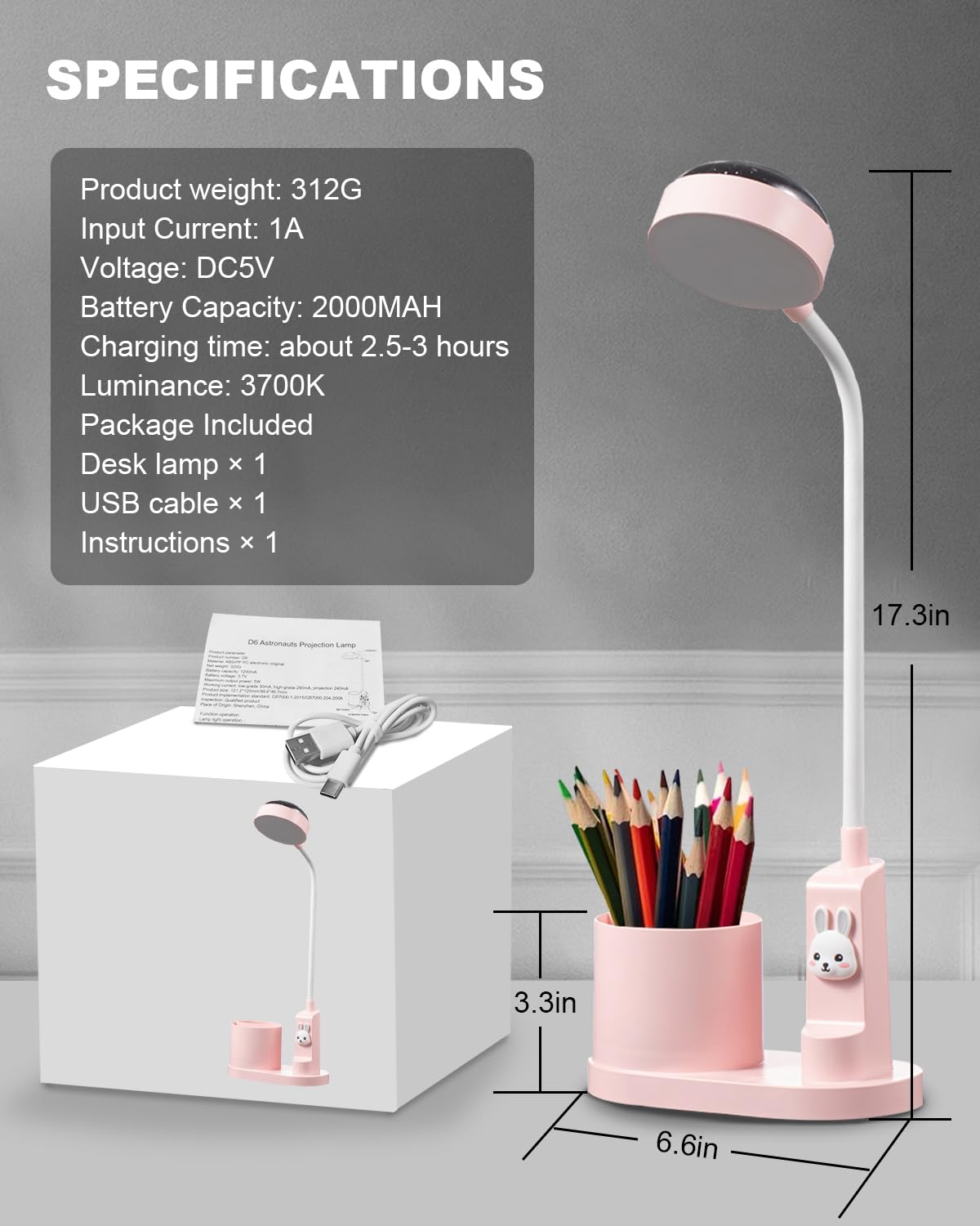 Children's Desk Lamp with Pen Holder, Cute LED Desk Table Lamp, Table Lamp, Children's Study Lamp with Projector - Image 4