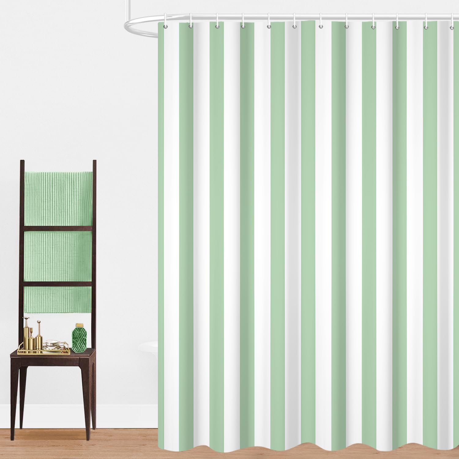 GCIREC Shower Curtain, 165x180cm, Light Green Modern Minimalism Vertical Stripes Waterproof Fabric Machine Washable Bathroom Curtain with Hooks