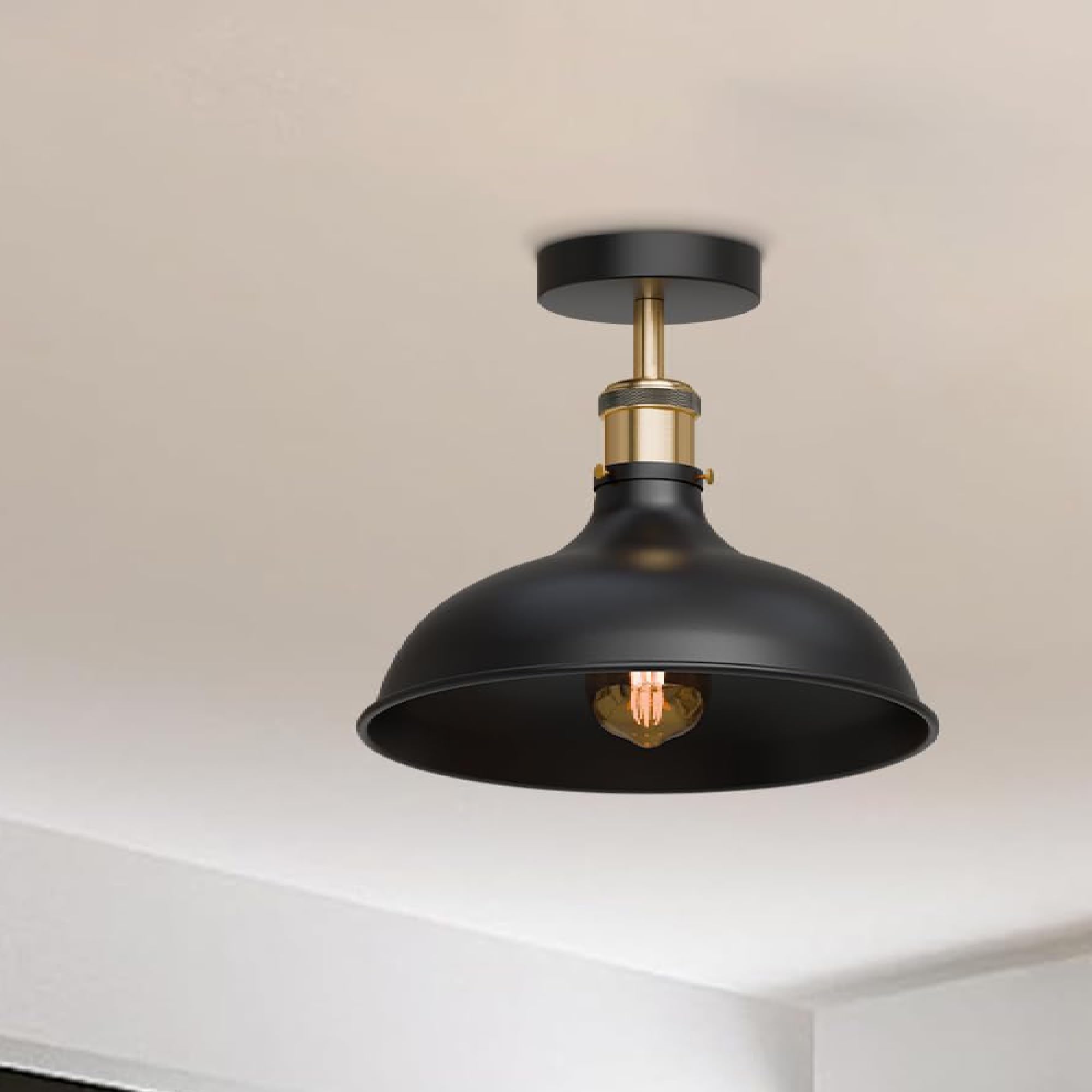 LEDSone Vintage Flush Mount Lamp Metal E27 Base 36cm Black Shade Indoor Ceiling Lighting Fixtures for Farmhouse Kitchen Diningroom Without Bulb