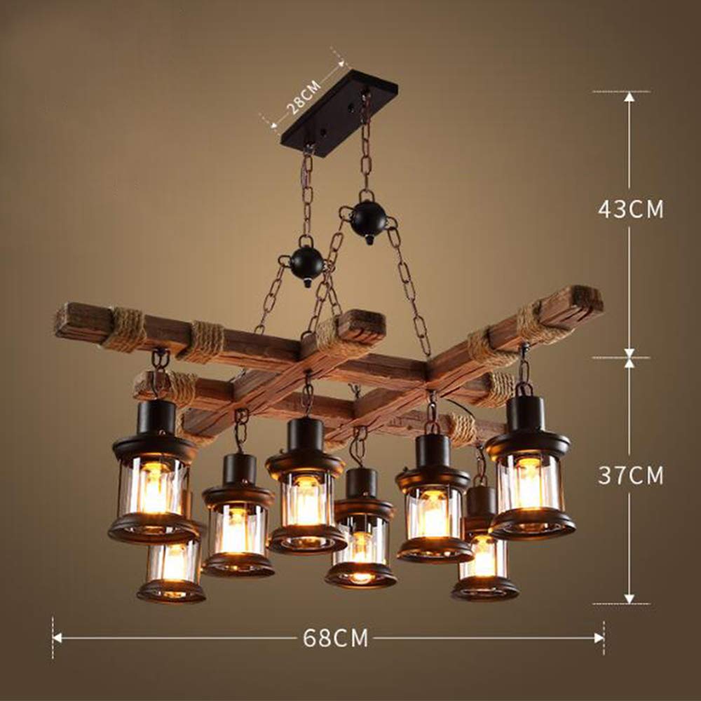 E27 Industrial Vintage Wood Sufit Lampa Wisząca, Regulowana Wysokość Lampa Wisząca, Szklany klosz, Metalowa lampa wisząca do salonu, jadalni, kuchni